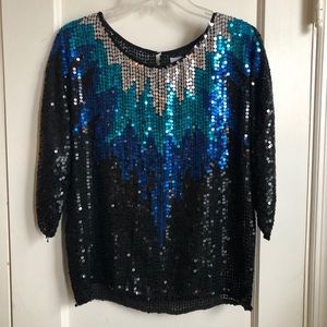 Vintage Sequined Zig Zag 3/4 Sleeve Silk Top